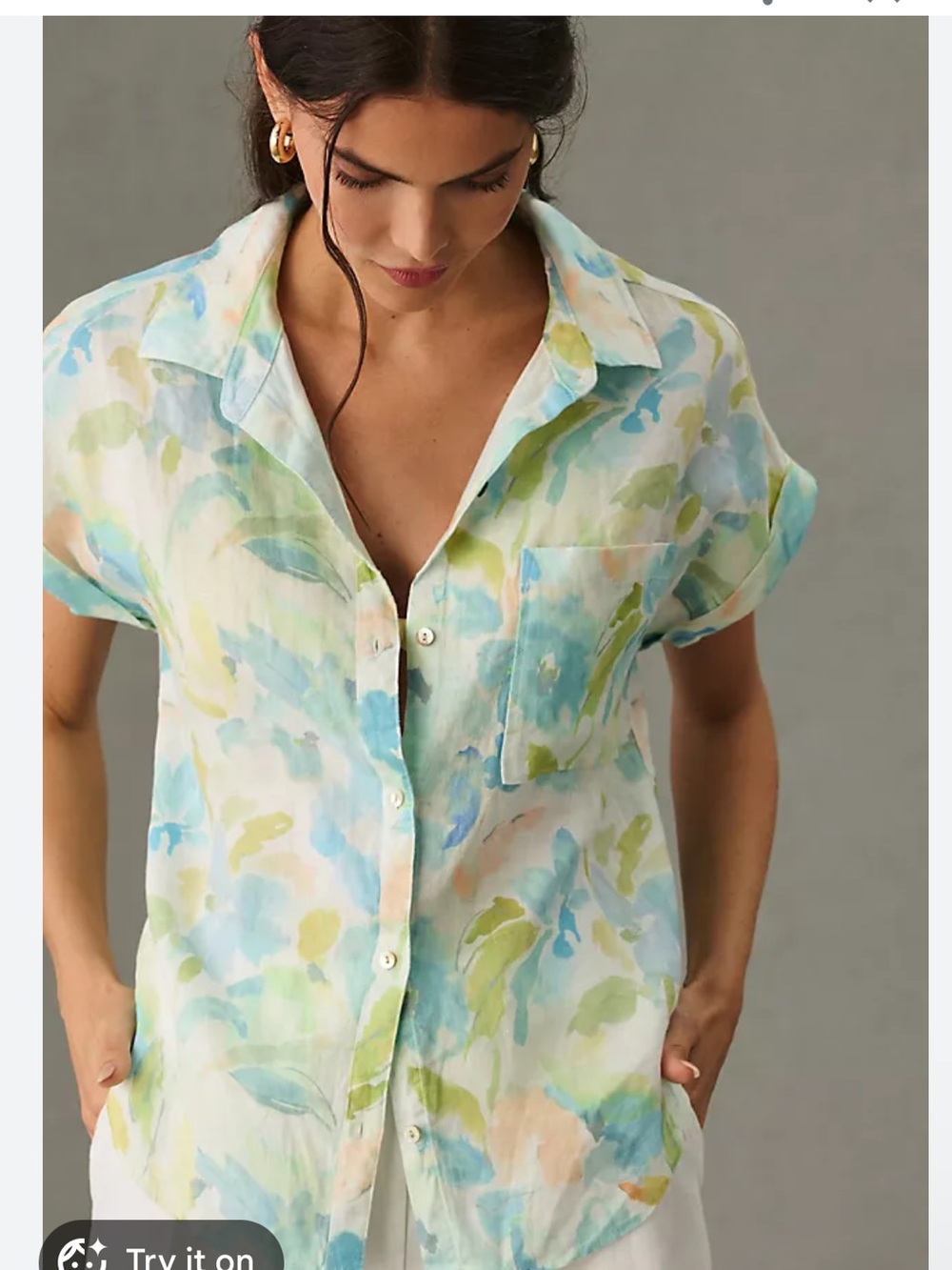 cloth & stone by Anthropologie Short-Sleeve Button Down Top - Blue Green Sz M